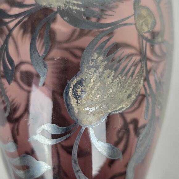 Vintage Amethyst Hand Blown Glass Vase Floral Silver Overlay 5.5" Purple Flowers - Picture 9 of 12